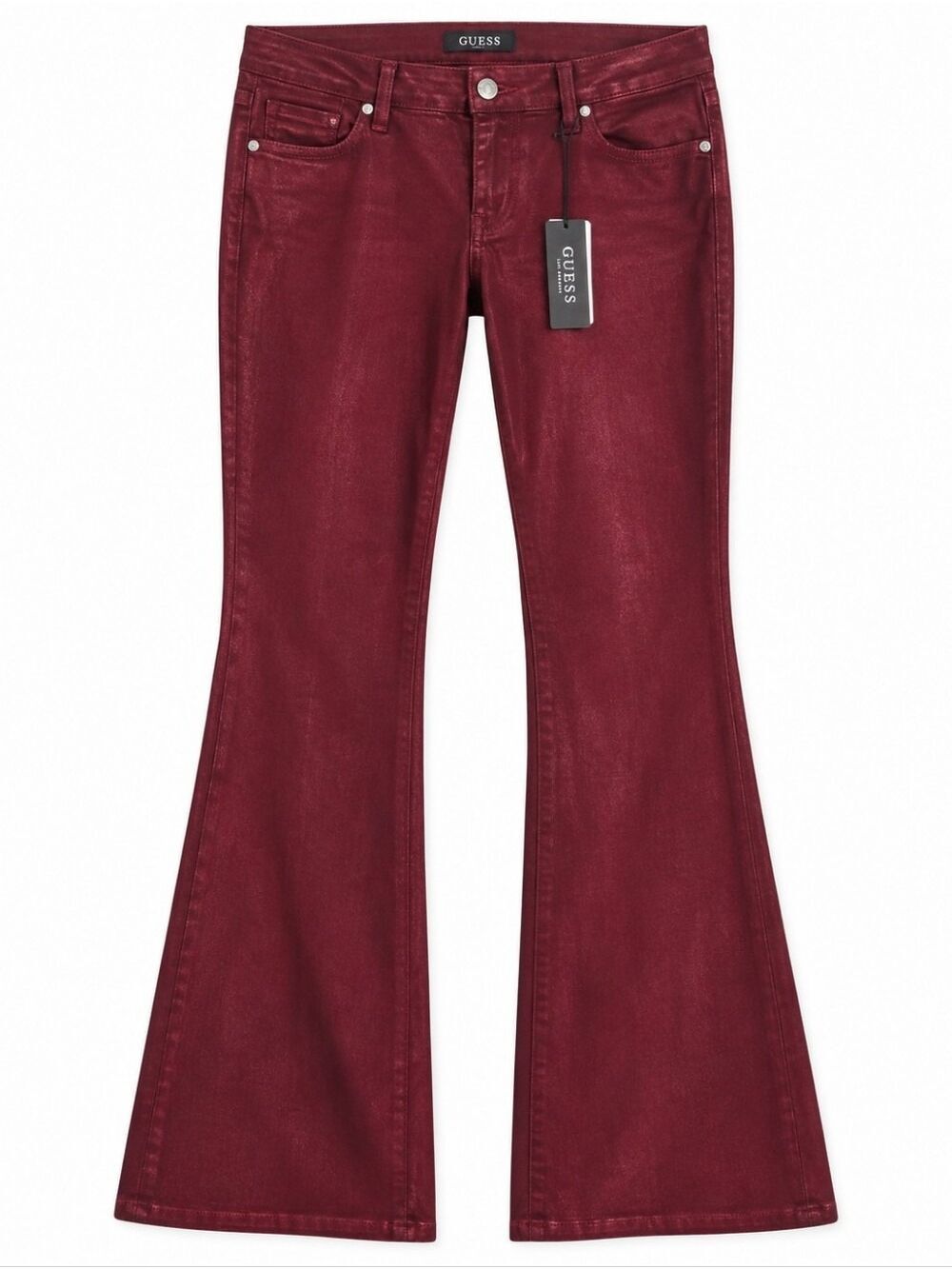 GUESS Sexy Flare Jeans Women 31x30 Tahiti Red Coated Metallic NWT $128 - Picture 2 of 11